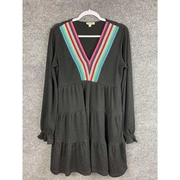 Umgee Dresses & Skirts - Umgee Black Colorful V-Neck Textured Tiered Ruffled Long-Sleeve Mini Dress Sz S